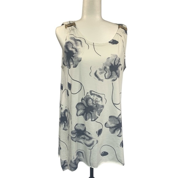 Tops - Tunic Tank Top Decorative Rings Y2K Bold Floral Print Off White Dusty Blue M/L
